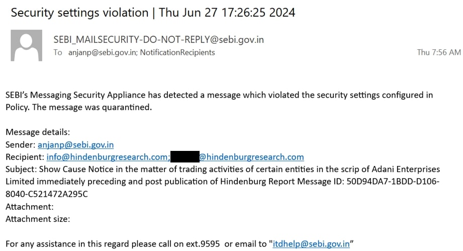 Email to Hindenburg Research from SEBI’s security system