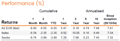Janus Henderson Continental European Fund performance chart showing 8.49% decline in March 2025
