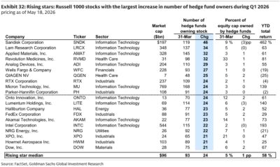 Goldman Sachs Rising Stars: Russell 1000 stocks with largest increase in hedge fund owners Q1 2026