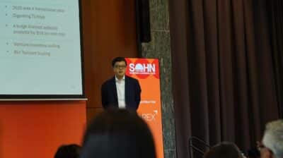 Sinan Xin presenting Kaspi.kz investment thesis at Sohn Hong Kong 2026 Conference