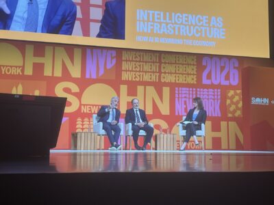Intelligence as Infrastructure panel: Leon Shaulov (Maplelane) and Alex Sacerdote (Whale Rock) with moderator Leslie Picker at Sohn New York 2026