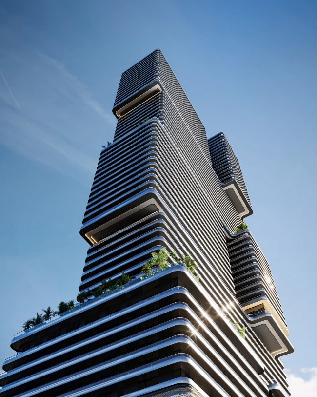 Architectural Rendering Of Mercedes-Benz Places Miami By Jds Development, Marketed In The Skygate Instagram Investment Ads