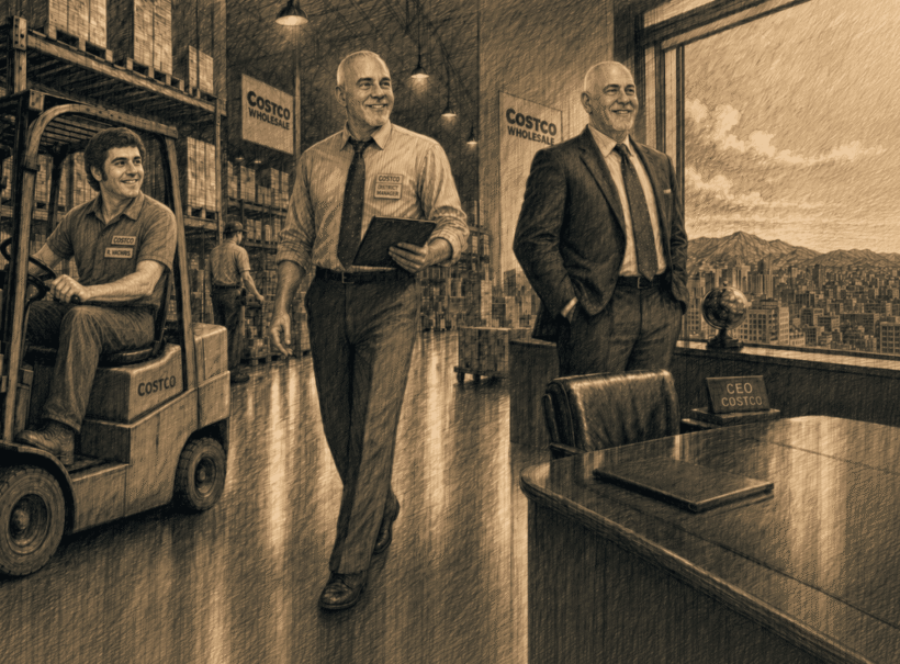Costco forklift driver to CEO promote-from-within illustration